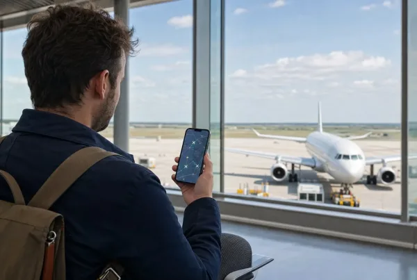 Putnik na aerodromu proverava položaj aviona u aplikaciji